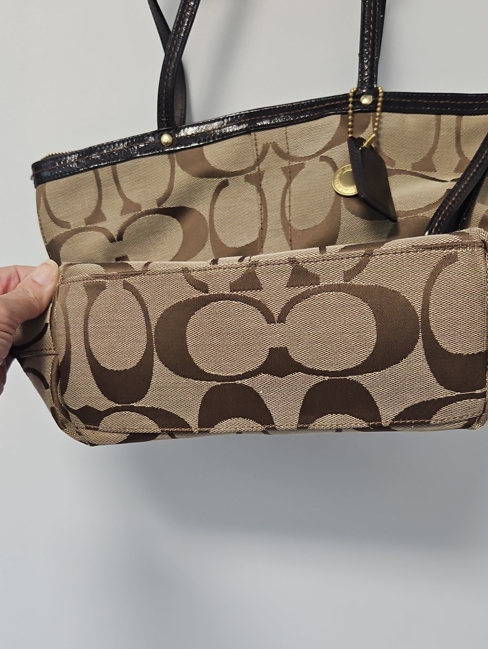 Coach Vintage Y2K Signature Stripe Patent Leather Tote Bag 12429 Chocolate Brown - Picture 8 of 10